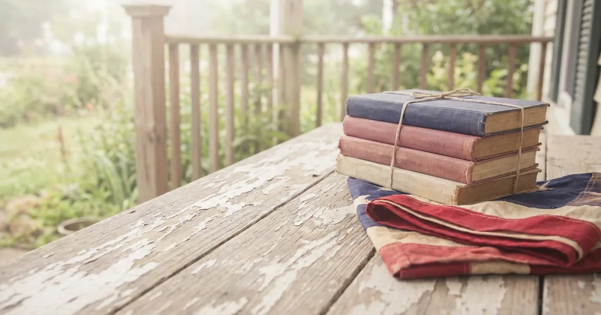 A stack of worn early American books beside folded flag bunting on a porch table.
