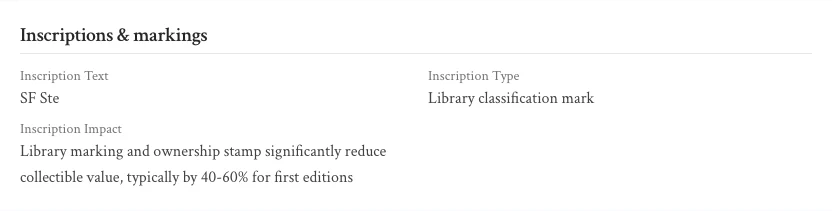 FirstFolio's inscription analysis for an ex-library first printing of Snow Crash: library marking and ownership stamp significantly reduce collectible value, typically by 40 to 60 percent for first editions.
