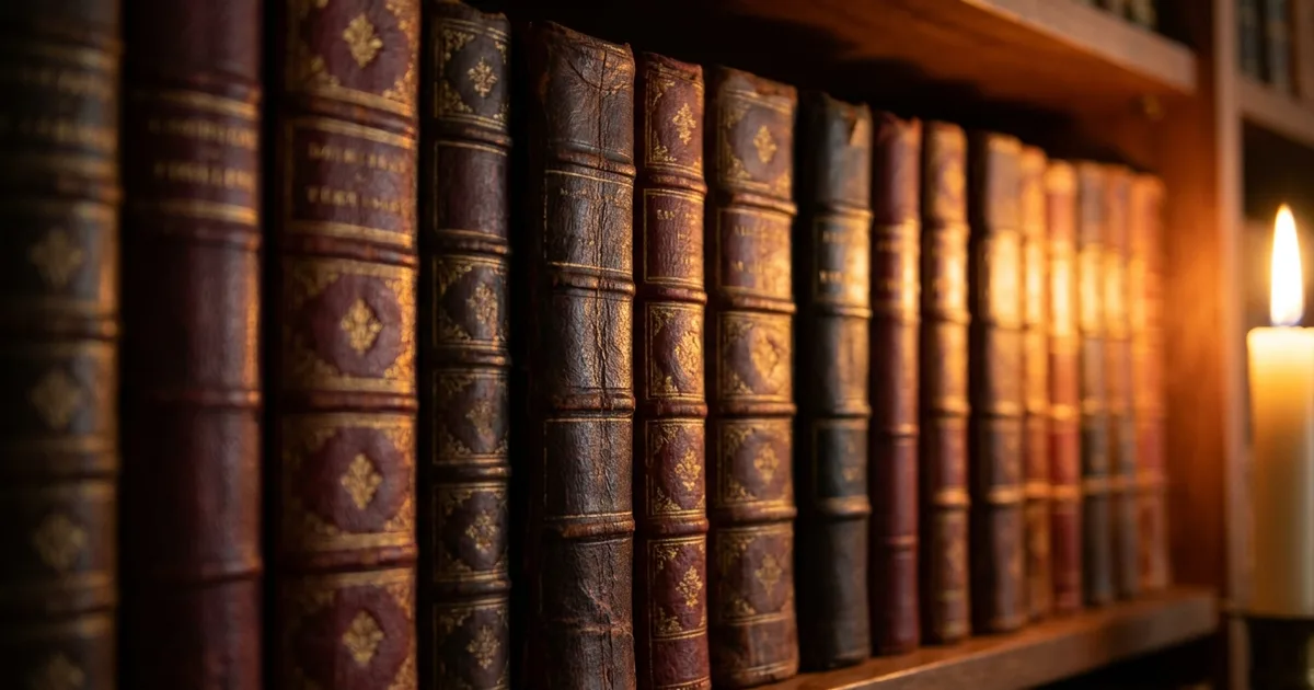 A shelf of antique leather-bound books with worn gilt decoration on the spines.