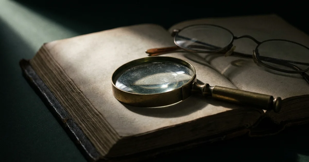 An old book open on a desk beside a magnifying loupe and reading glasses.