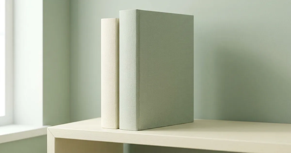 Two similar hardcover books standing side by side on a shelf, one smaller than the other.
