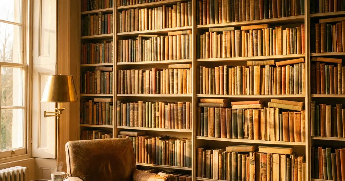 A tall home library bookshelf packed with hundreds of old hardcover books.