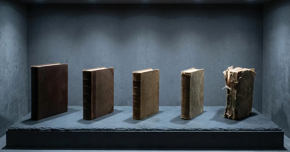 Five old books in a row, ranging from pristine to visibly battered.