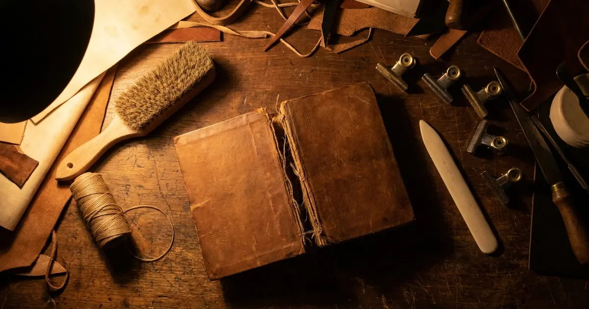 An old book with a loose spine on a bookbinder's workbench, surrounded by thread, a brush, and clamps.