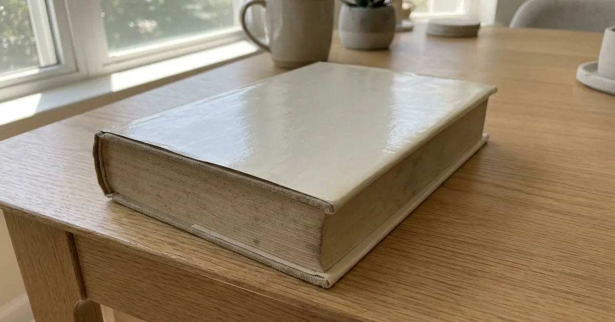 A hardcover book with its original printed dust jacket resting on a table.