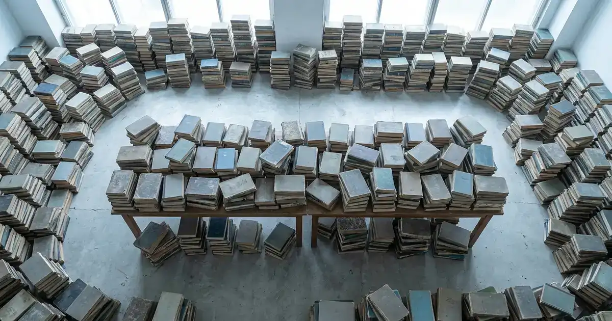 A room filled with stacks and piles of old books waiting to be sorted.