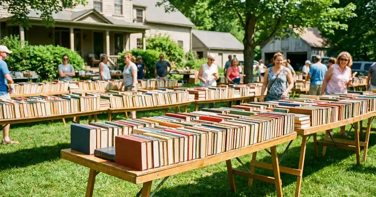 Folding tables of old hardcover books for sale outdoors at an estate sale.