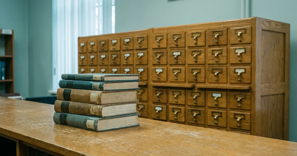 A stack of worn hardcovers with faded spine labels in front of an old library card catalog.