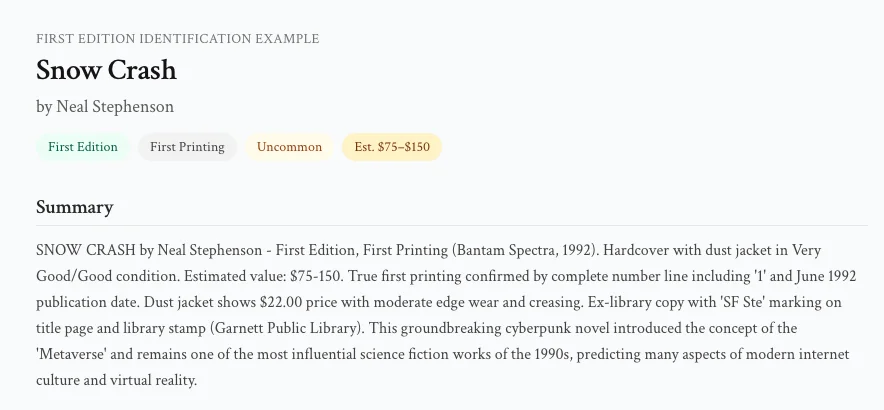 A FirstFolio assessment showing a book's edition, condition grade, and estimated value range.