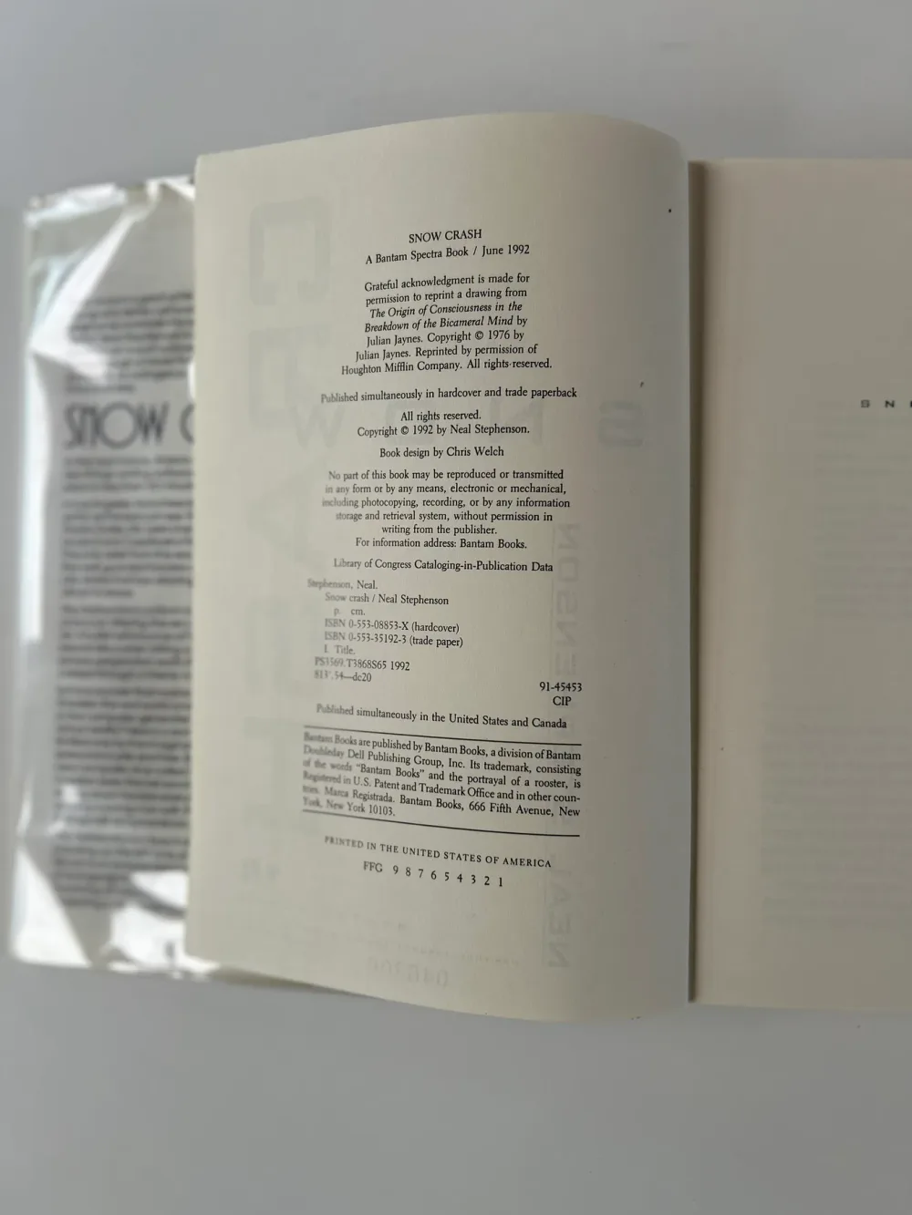 A 1992 Snow Crash copyright page, showing the publication details and the printing line at the bottom.
