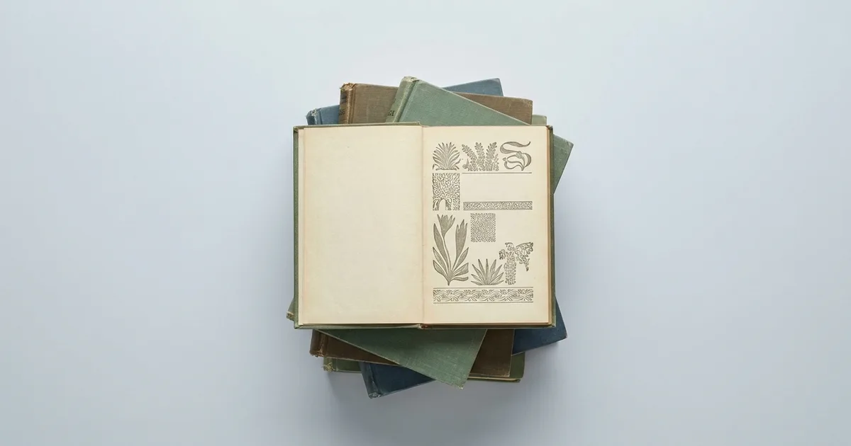 A stack of antique hardcover books, one open to the title page.
