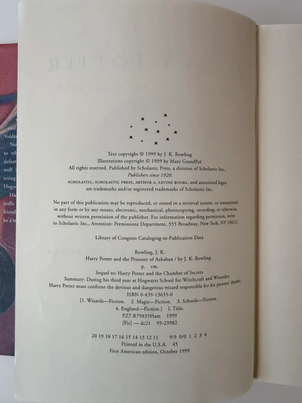 A real copyright page from a first American printing of Harry Potter and the Prisoner of Azkaban, the page that settles the printing.