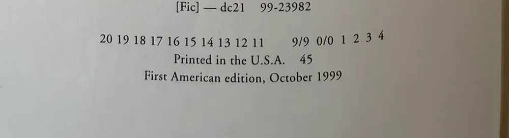 The number line from a first American printing of Harry Potter and the Prisoner of Azkaban, reading 20 19 18 17 16 15 14 13 12 11, then 9/9 0/0 1 2 3 4, above the words "First American edition, October 1999".