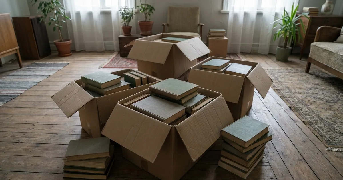 Boxes of inherited books on a floor, ready to be sorted.