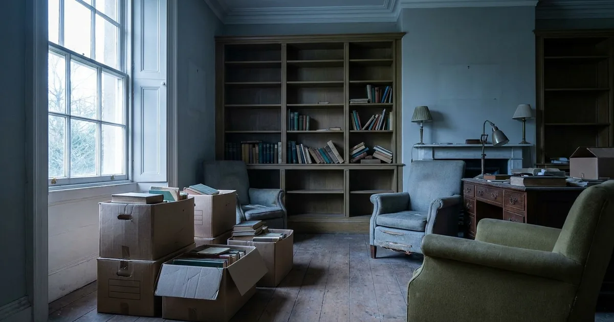 A quiet study with half-filled boxes of books and a partly emptied bookshelf.