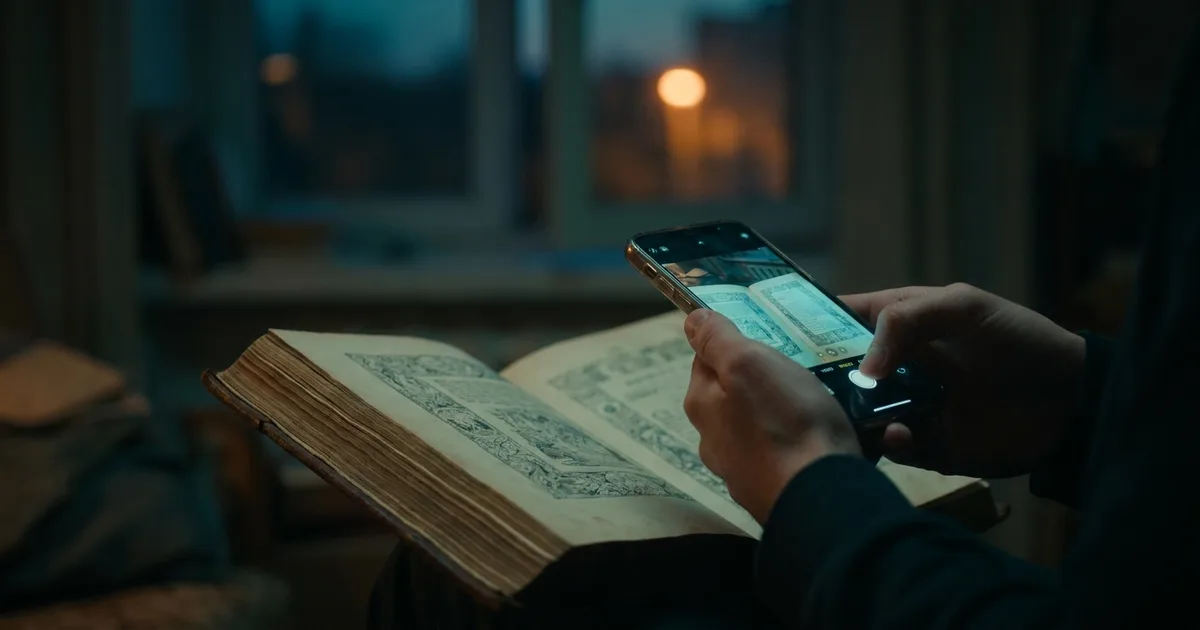A person photographing an open book with a smartphone.