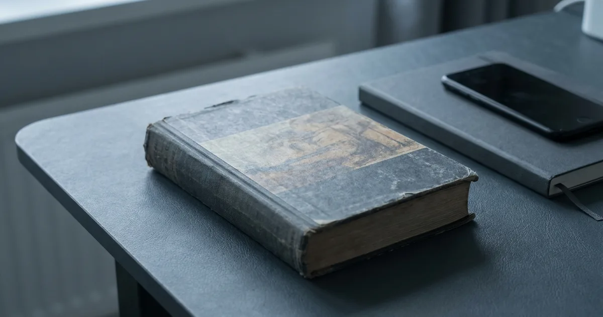 A single worn old hardcover set apart on a slate desk, with a closed notebook and a phone beside it.