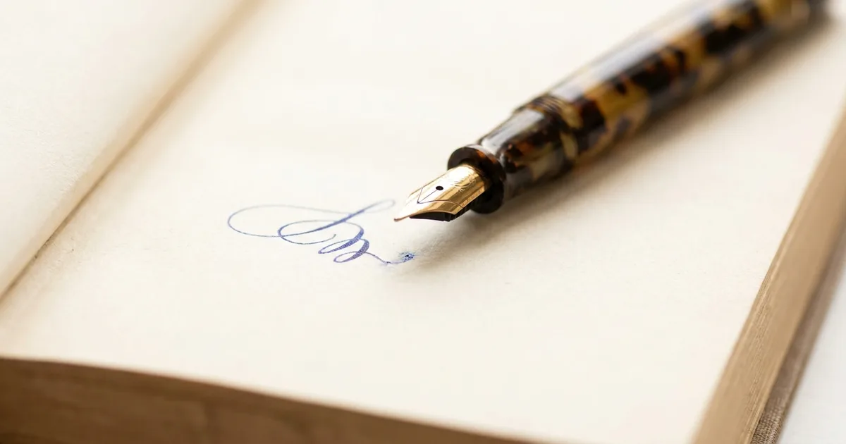 A fountain pen resting on the open title page of a book beside a fresh ink flourish.