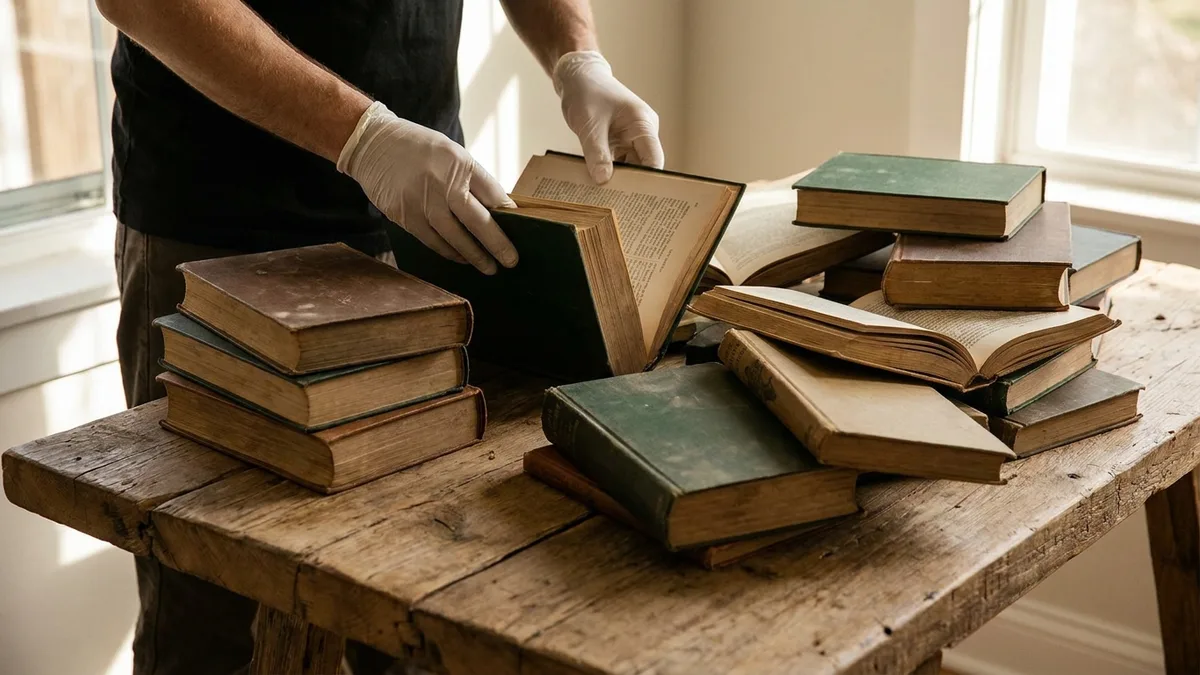 Hands sorting old books into a small keep pile and a larger set-aside pile.